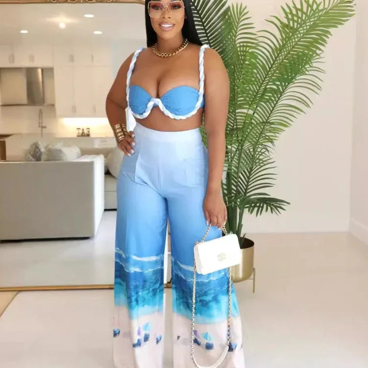 Summer Women's Set Beach Print Sleeveless Strapless Tops +Wide Leg Pants Suits Street Two 2 Piece Sets Bohemian Outfits