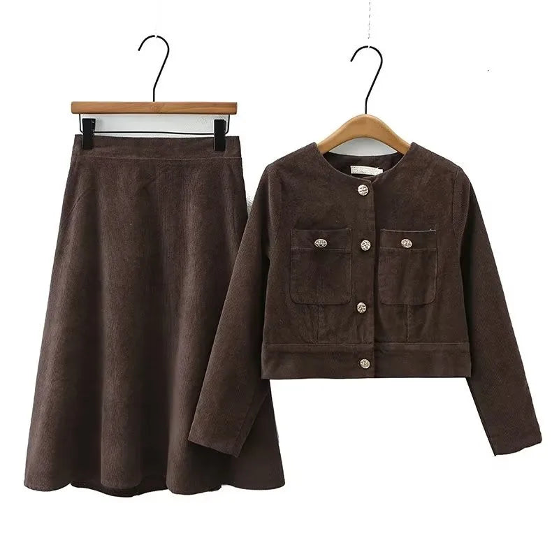Plus Size Women's Clothing Spring And Autumn Suit Long-Sleeved Short Jacket In Corduroy Fabric And Knee Length Skirt Combination Brown