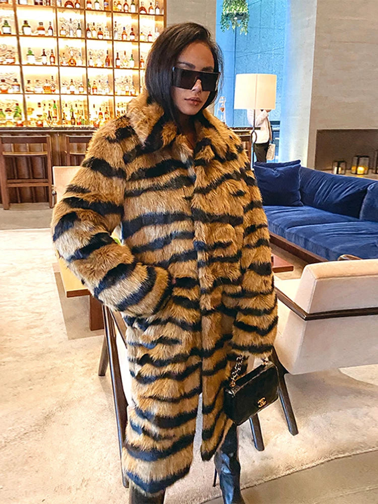 Winter Long Warm Thick Leopard Faux Fur Coat Women Tiger Print Loose Luxury Fluffy Clothing Female Thicken Plush Overcoat