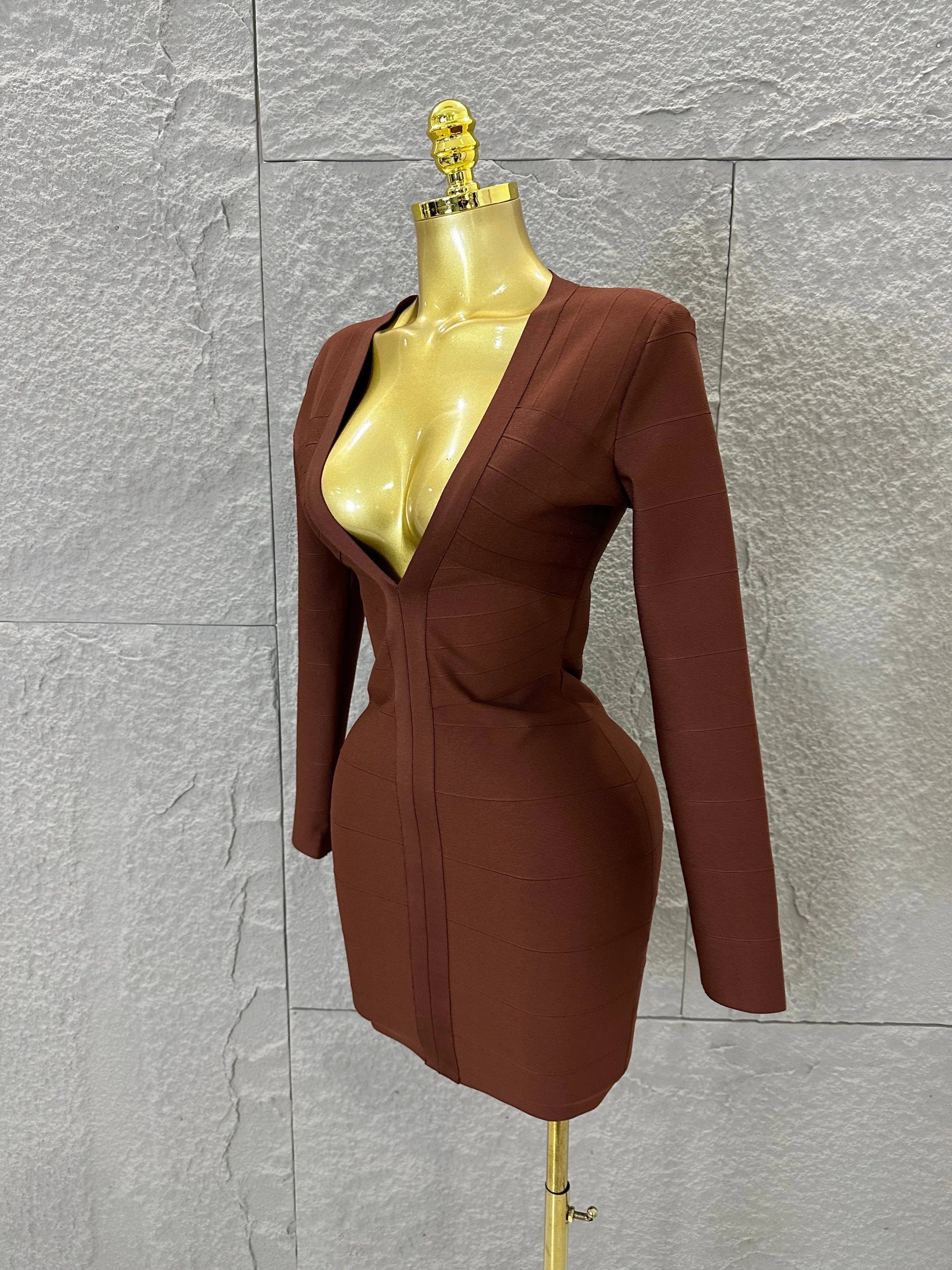 Women Elegant Brown Long Sleeve Mini Dress Women Sexy Deep V Neck Bandage Nightclub Evening Party Cocktail Party Dress