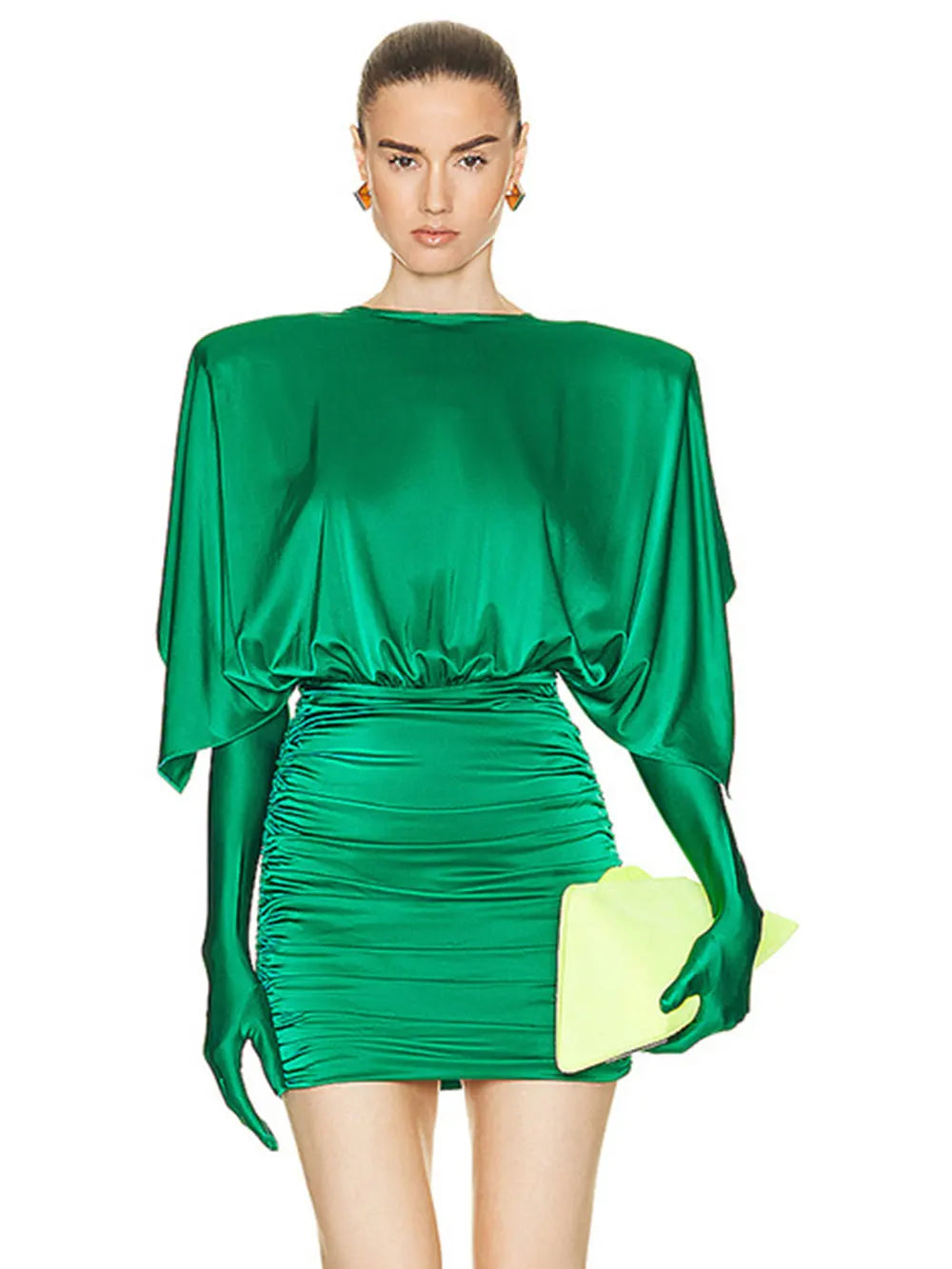 Women's Green Satin Dress Double Collar Bat Sleeve Glove Decoration Draped Loose Mini Dresses Cocktail Evening Party Vestidos