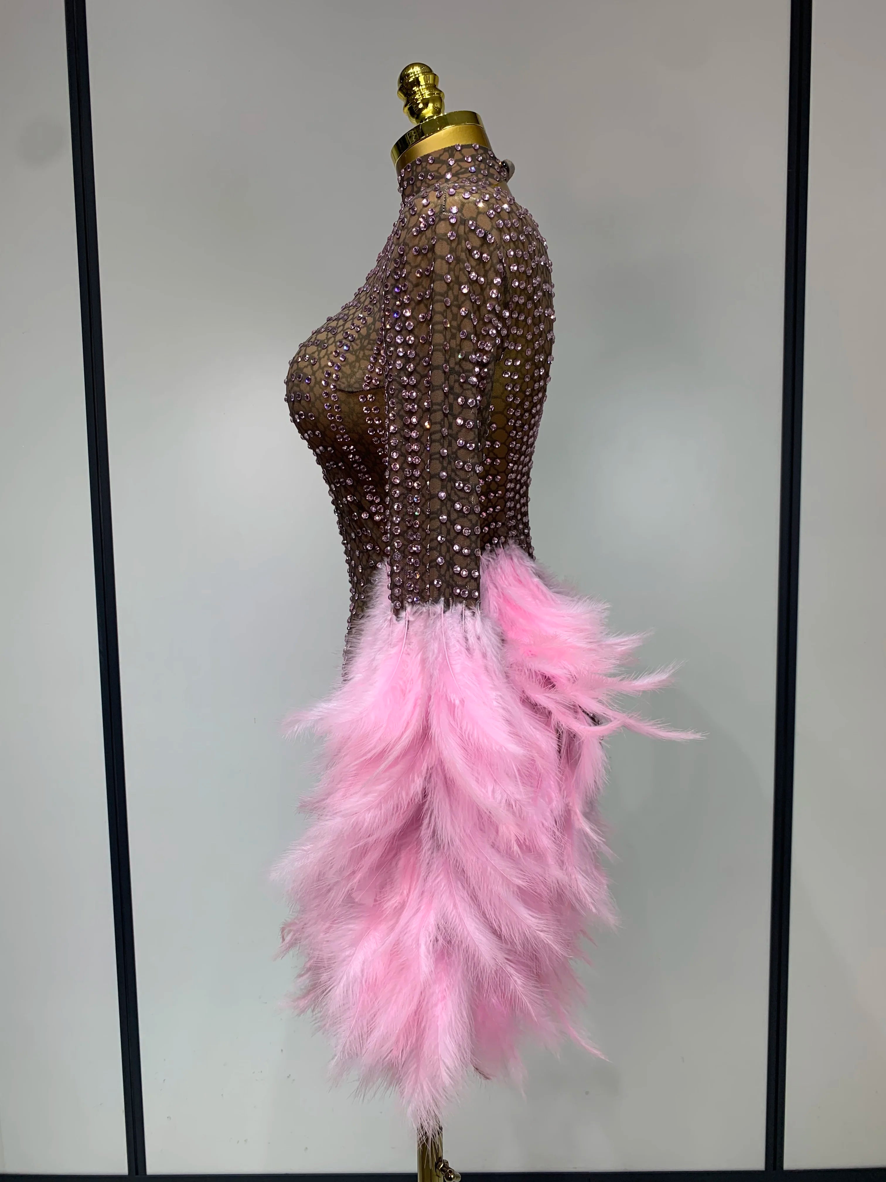 Women Luxury Birthday Dress Rhinestones Mesh Feathers Bodycon Mini Celebrity Evening Club Party Dress Nightclub Stage Outfit