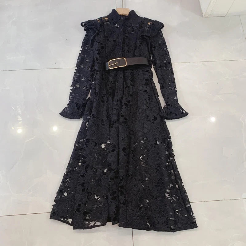 LGRQ Elegant Lace Embroidery Pattern Design Women's Dresses Evening Belt New Hollow Out Luxury Fashion 19F1371 Black