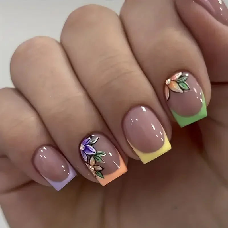 24pcs/box Glossy Short Square Fake Nails Colorful French Tip Press On Nails Flower Pattern Spring Summer False Nails For Women A604