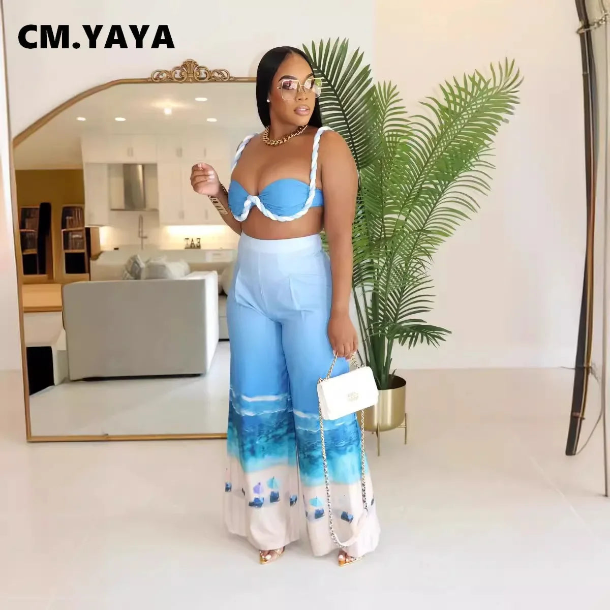 Summer Women's Set Beach Print Sleeveless Strapless Tops +Wide Leg Pants Suits Street Two 2 Piece Sets Bohemian Outfits