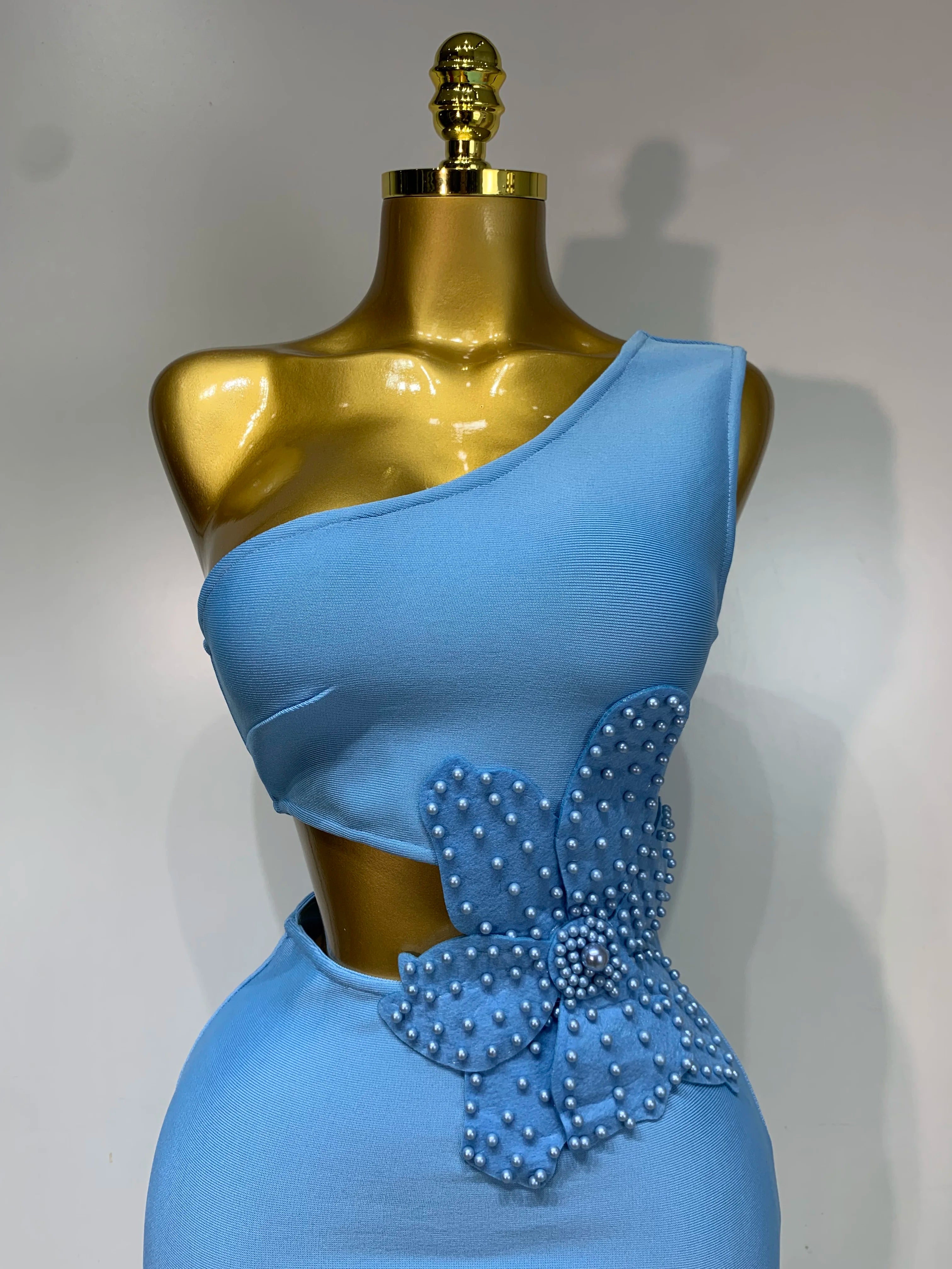 Women Sexy Luxury Birthday One Shoulder Pearl Sky Blue Bodycon Bandage Dress 2025 Celebrity Elegant Evening Club Party Outfit