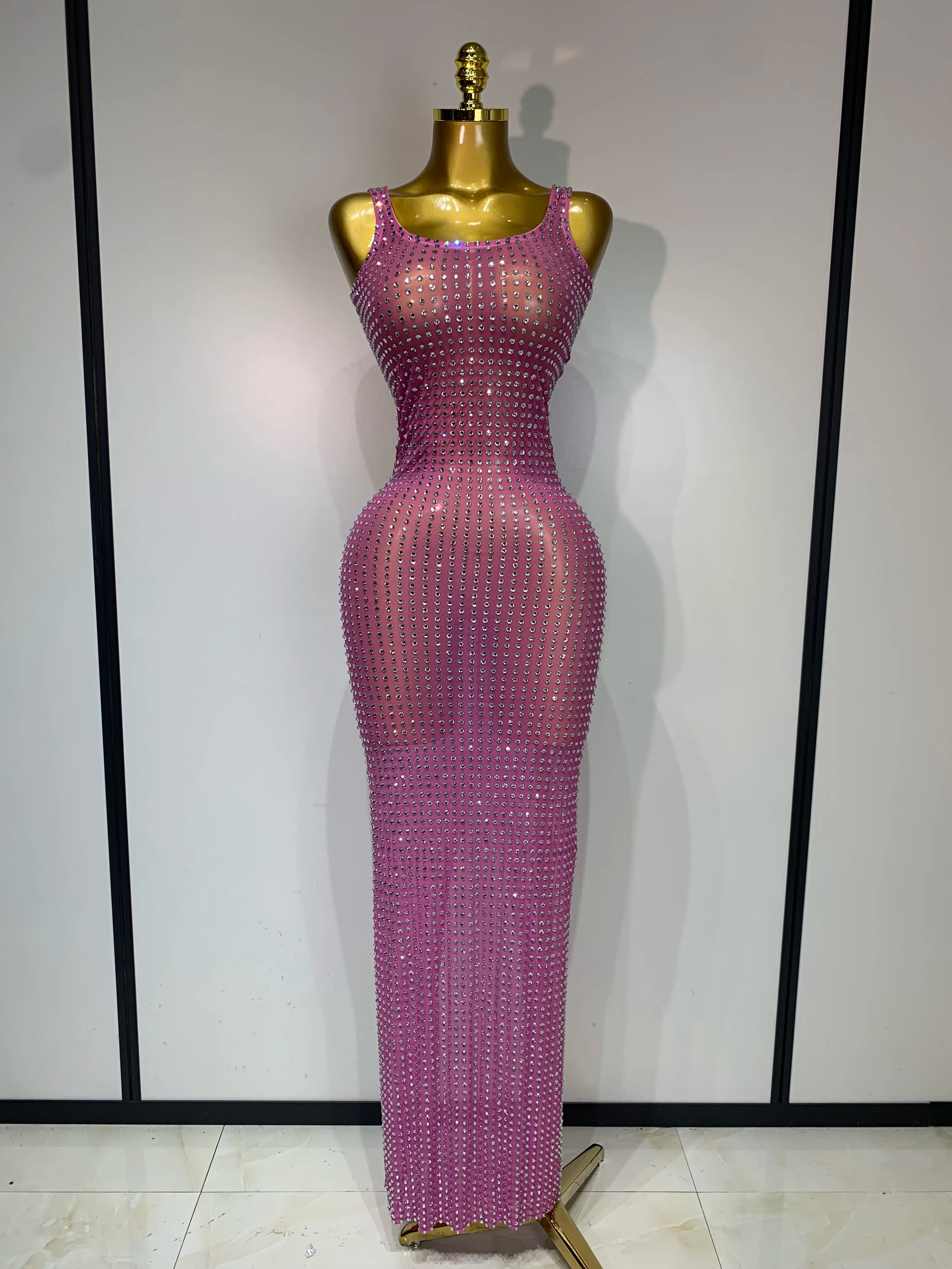 Women Sexy Mesh See Through Rhinestone Pink Long Maxi Dress Birthday Evening Party Costume Singer Stage Performance Costume Pink