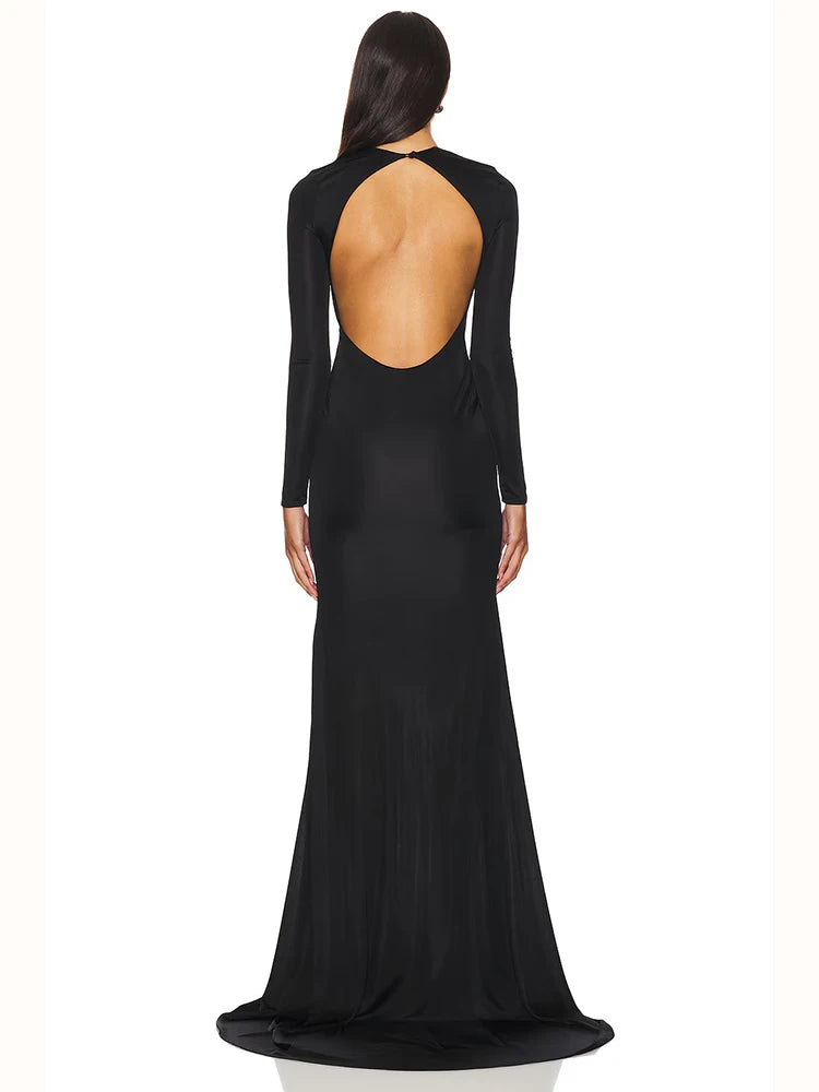 Sophisticated Long Sleeved Black Maxi Dress with Cut-Out and Open Back for Gala Affairs Evening Gown