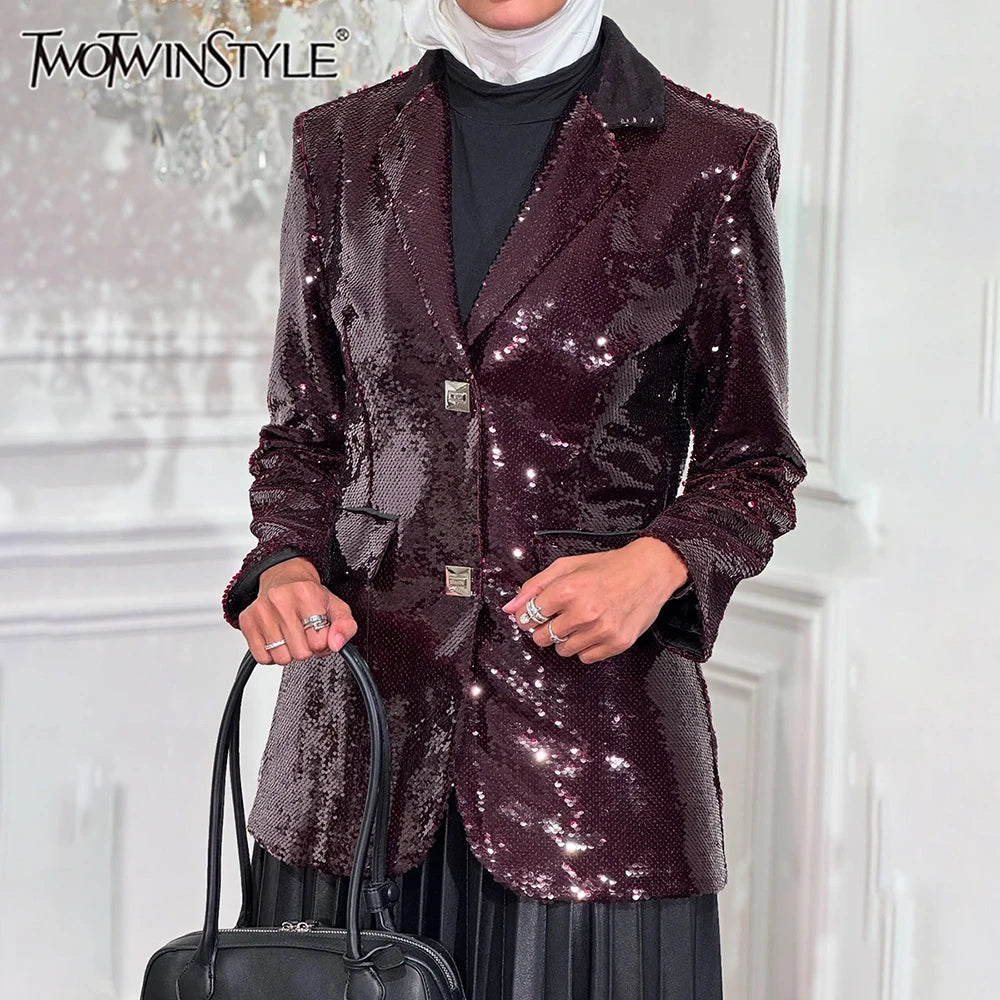 Solid Slimming Spliced Sequins Blazer for Women Lapel Long Sleeves Patchwork Pockets Coat Female Fashion Clothing