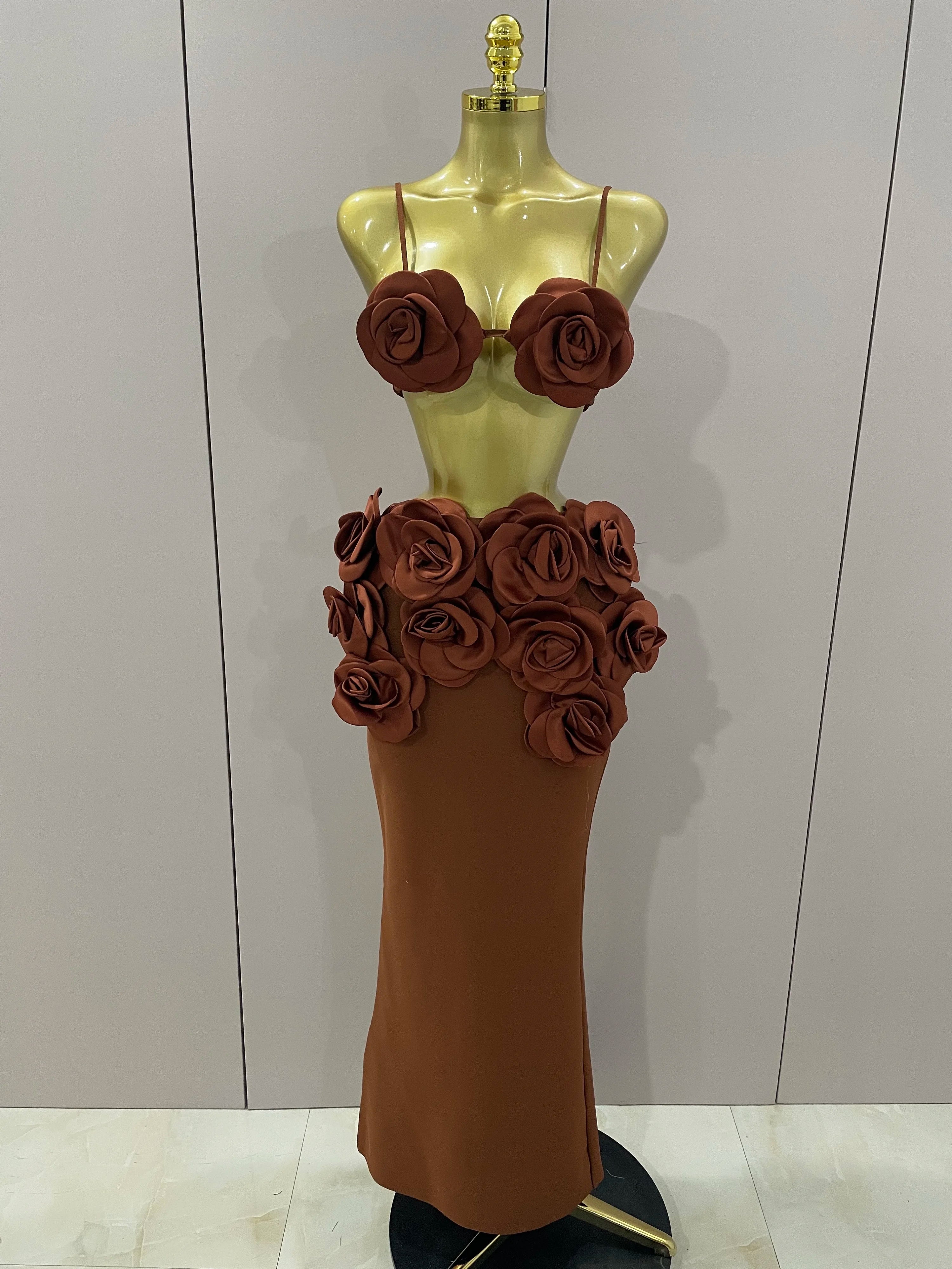 Sexy Camisole Floral Bandage Long Skirts 2-Piece Set 2025 Women Celebrity Elegant Party Cocktail Prom Gown Nightclub Outfit Dark Brown