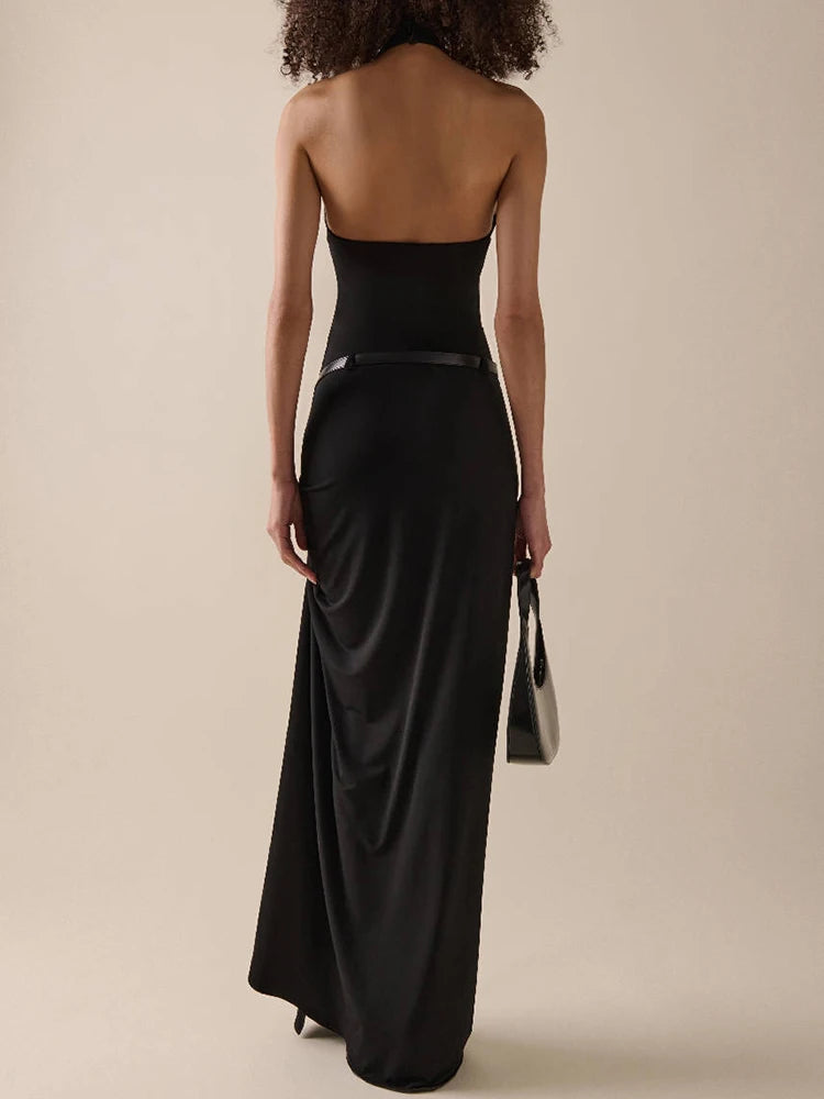 Urban Chic Black Halter Open Back & Slit Dress for Sophisticated Nights Party Evening Gown
