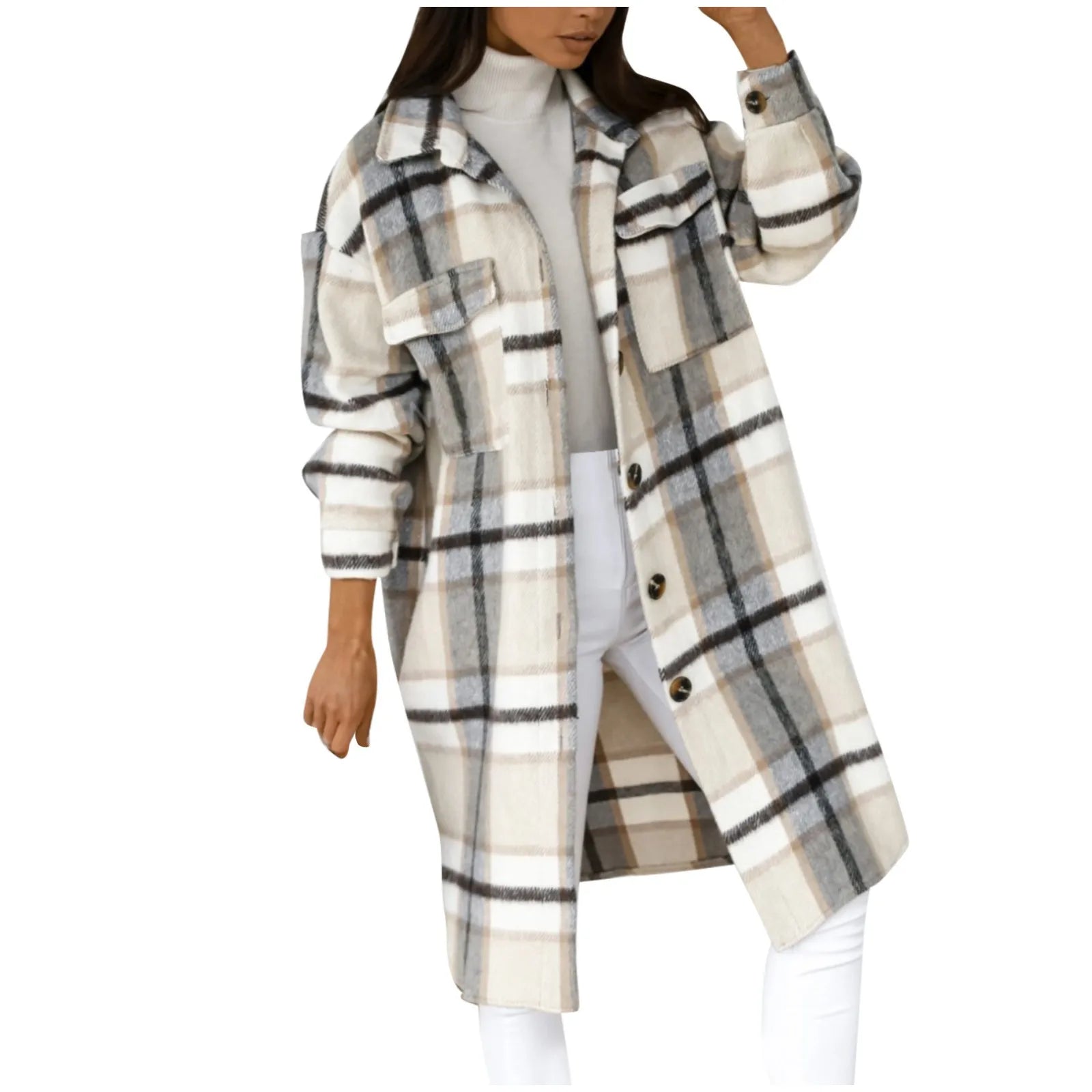 Winter Women‘s New Coat Long Sleeve Plaid Print Button Open Front Long Cardigan Outerwear