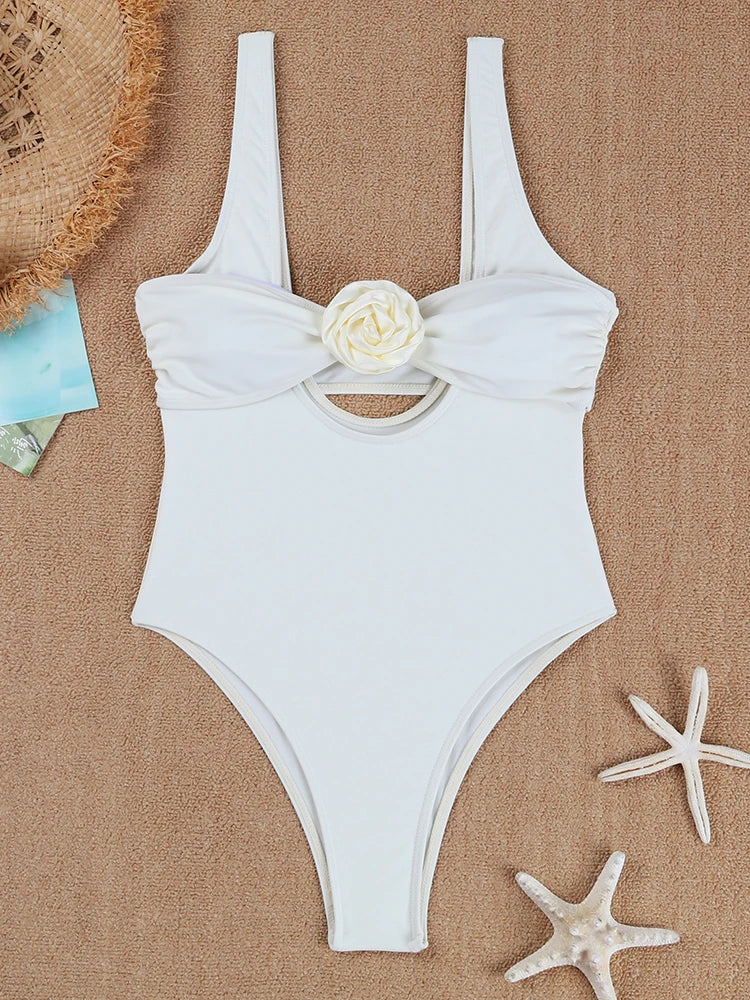 One Piece Swimsuit Women New Solid Sling U Neck Bandeau Bodysuit Swimwear Summer Two Piece Beach Wear Bathing Suit Female WHITE
