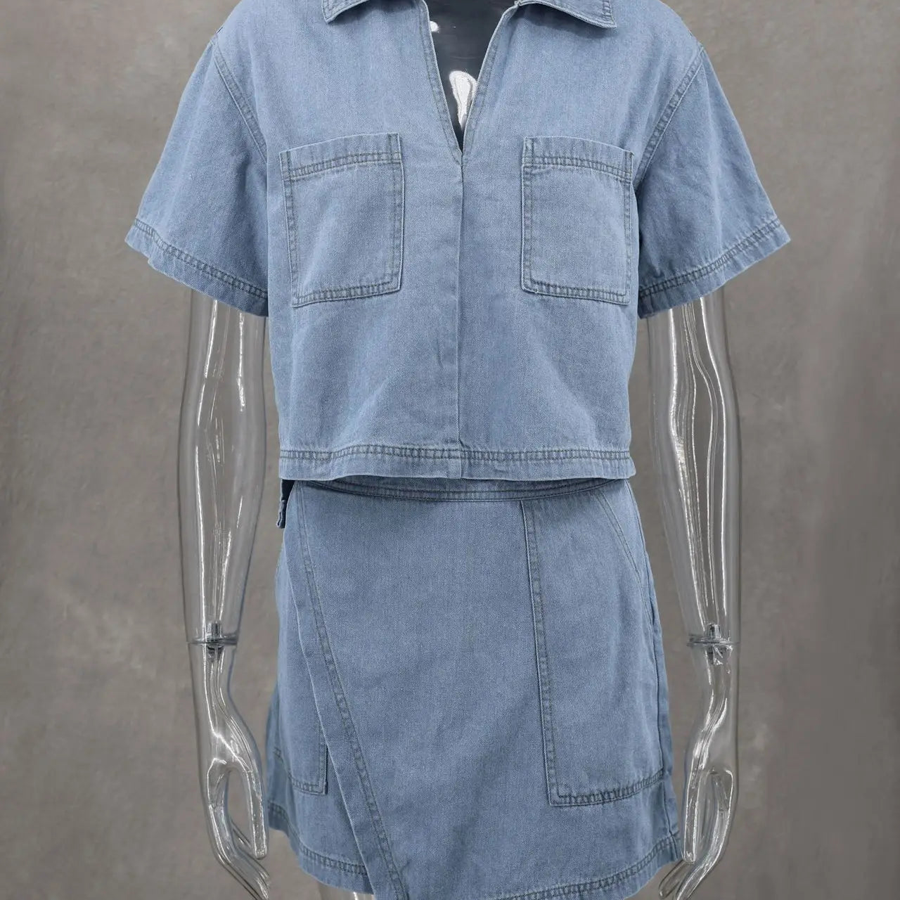 Summer Women Blue Denim Skirt Suit Loose 2 Piece Set Short Sleeve with Pocket Shirt and Irregular Skirt Female Street Out