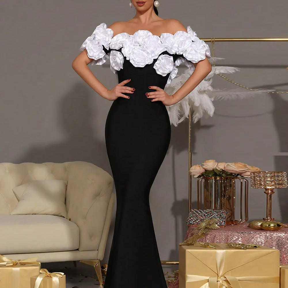 2025 Elegant Women Light Luxury Flower Design Bandage Dress with One Collar Shoulders Bodycon Banquet President's Dress Vestidos black