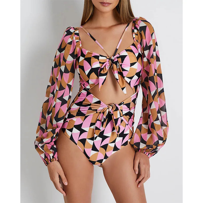 New Sexy One Piece Swimsuit Deep V Neck Swimwear Woman Monokini Long Sleeves Print Cut Bathing Suit Women Summer Beach Wear 11047-2