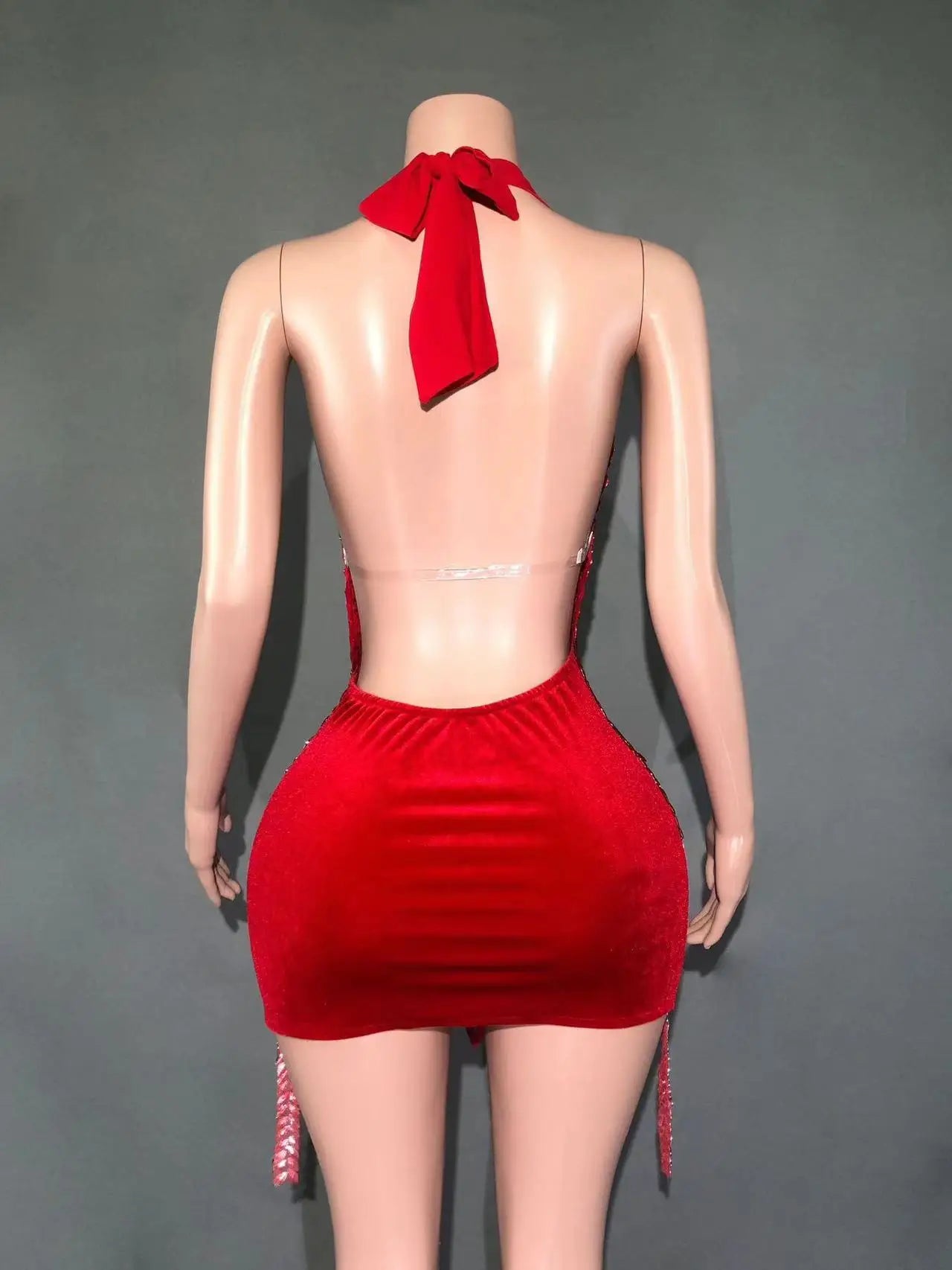 Sparkly Rhinestones Evening Prom Celebrate Birthday Dress Sexy Halter Backless Mesh Velvet Short Dress Performance Stage Wear