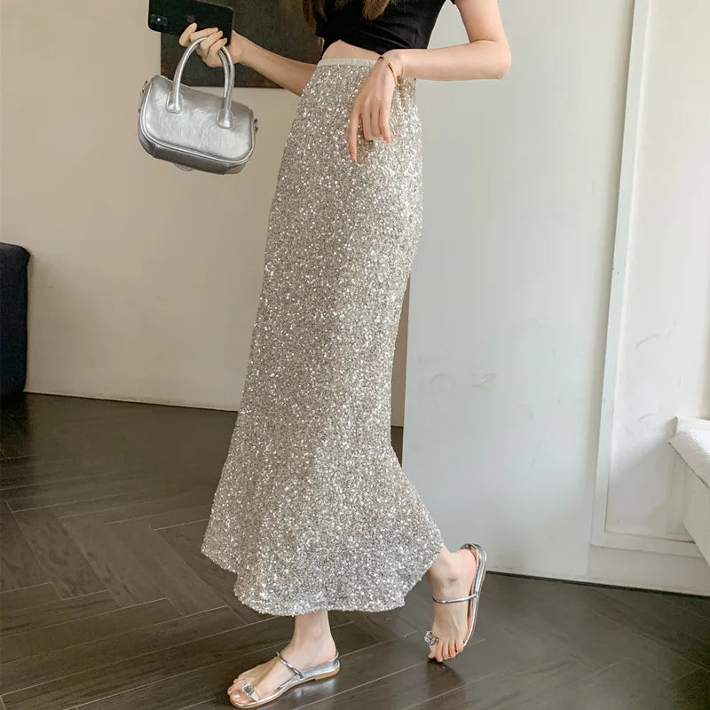 New Heavy Industry Sequins Fish Tail Skirt for Spring/summer Luxury Sexy High Waisted Slimming Hip Pack Long Mermaid Skirt