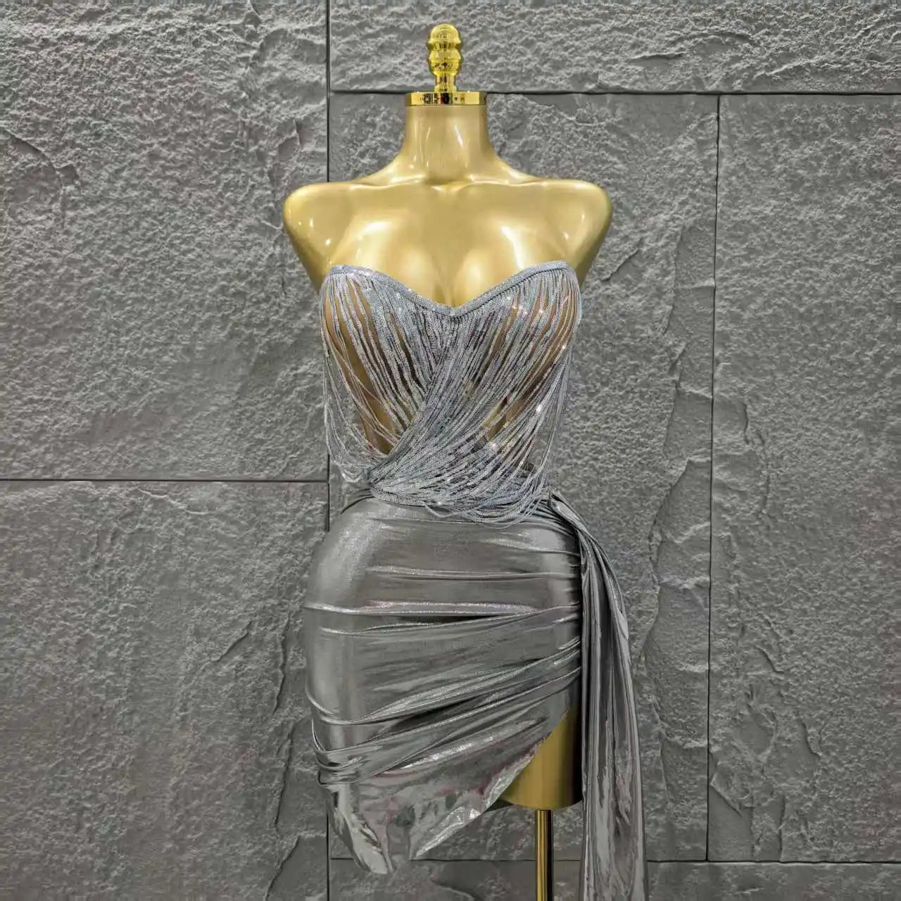 STOCK Women Sexy Strapless 2 Pieces Bodycon Mini Dress Celebrate Nightclub Party Bar Singer Performance Costume Stage Wear Dark Grey