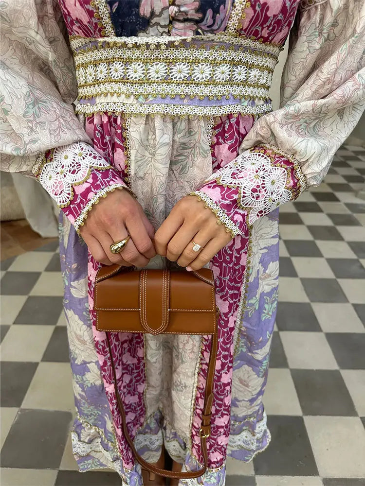 Fashion Patchwork Print Maxi Dress Women Long Sleeve V Neck High Waist Vestidos Female Vacation Party Club Robes