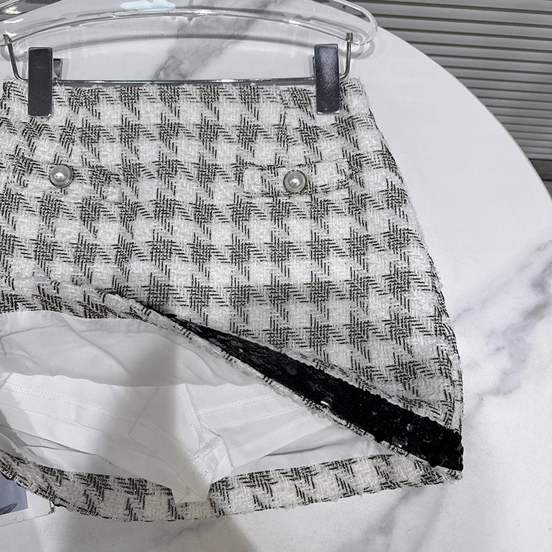 Winter New Fashion Style Sequin Edge Plaid Tweed Short Skirt For Women High Waist Wrapped Hip A-line Skirts 11A07804
