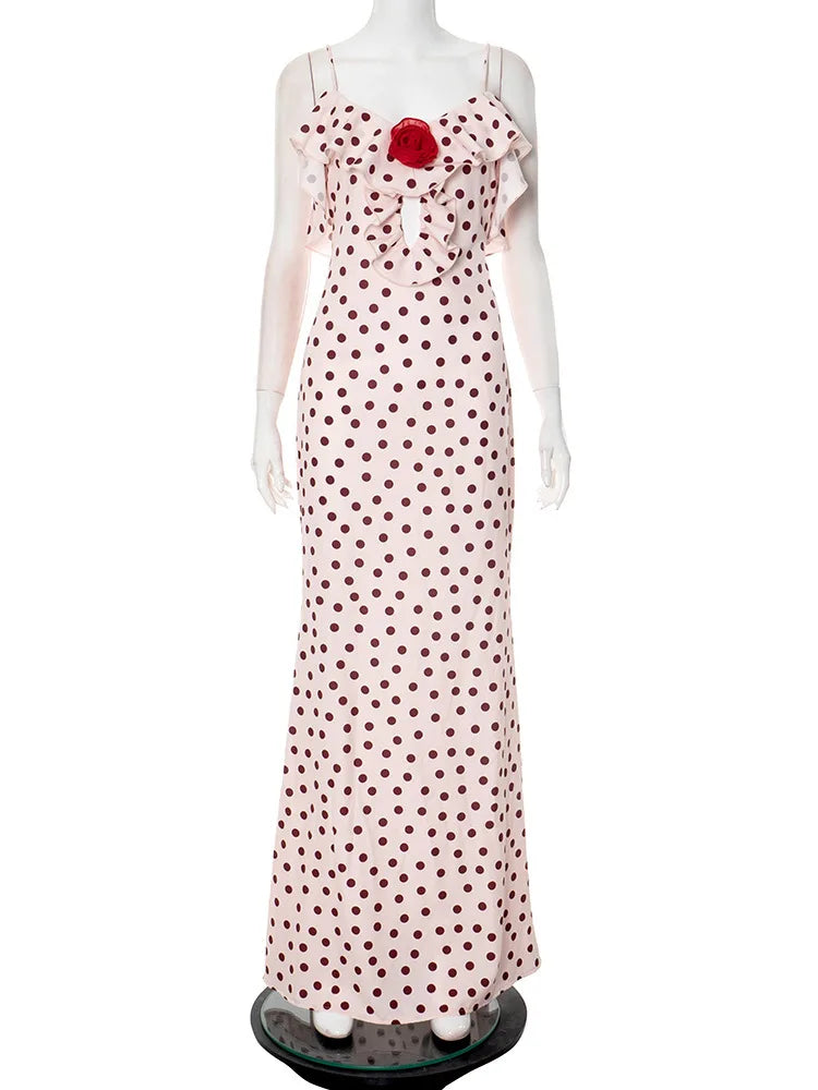 Mozision Rose Polka Dot Maxi Dress For Women Gown Spaghetti Strap Off-shoulder Sleeveless Backless Elegant Evening Club Dress