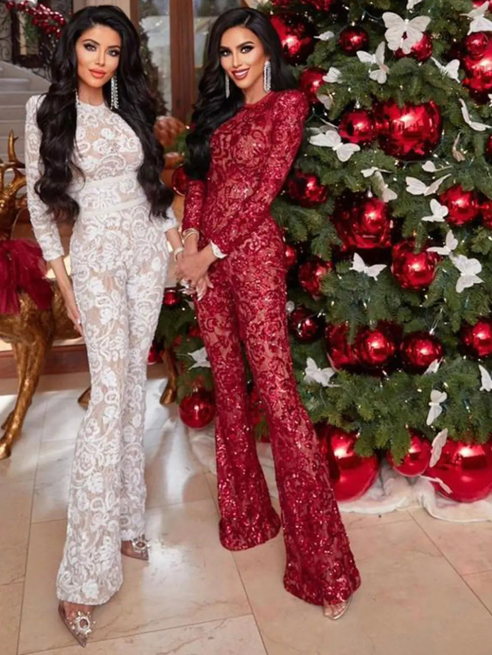 2025 Women'S Light Luxury Sequin Patchwork Bandage Jumpsuit O-Neck Long Sleeved Waistband Flared Jumpsuit Pants Party Jumpsuit