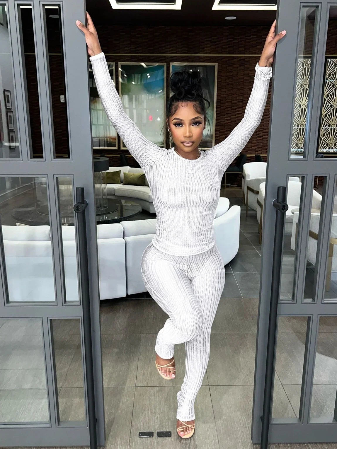 CM.YAYA Fashion See Though Women's Set Long Sleeve T-shirt and Flare Pants 2024 Active Street Two 2 Piece Sets Outfits Tracksuit White