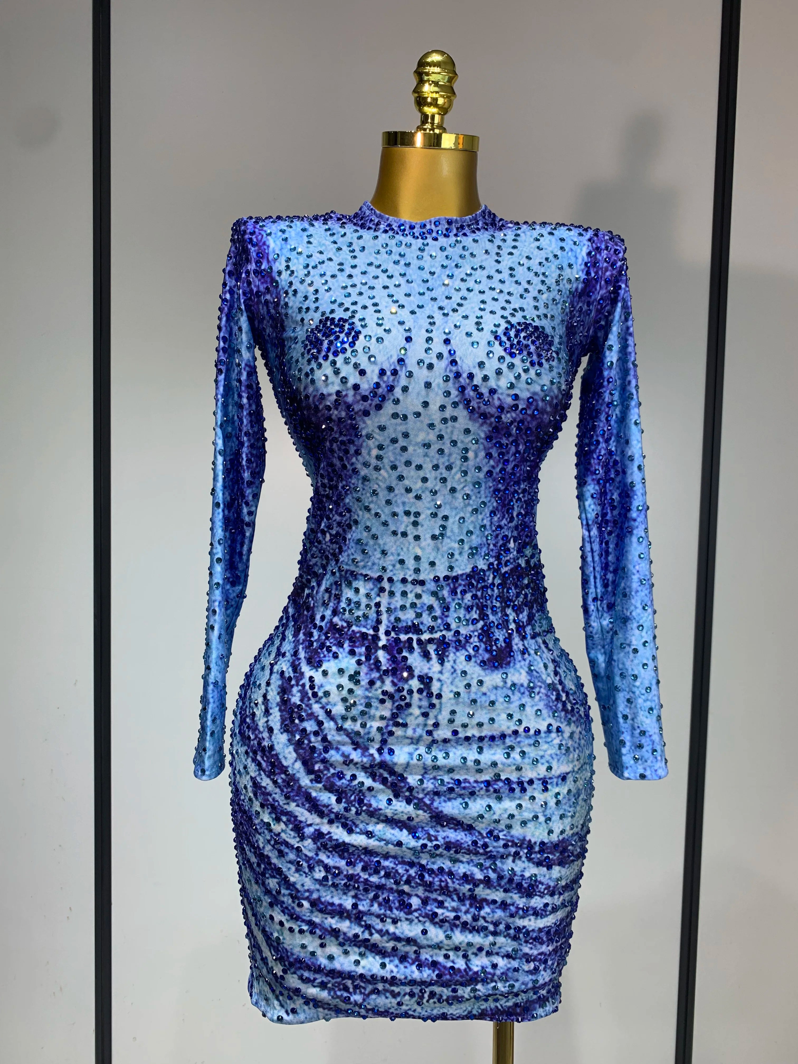 Ladies Sexy Sparkly Rhinestones Blue Long Sleeve Short Dress Women Evening Luxury Birthday Party Nightclub Singer Stage Outfit Blue