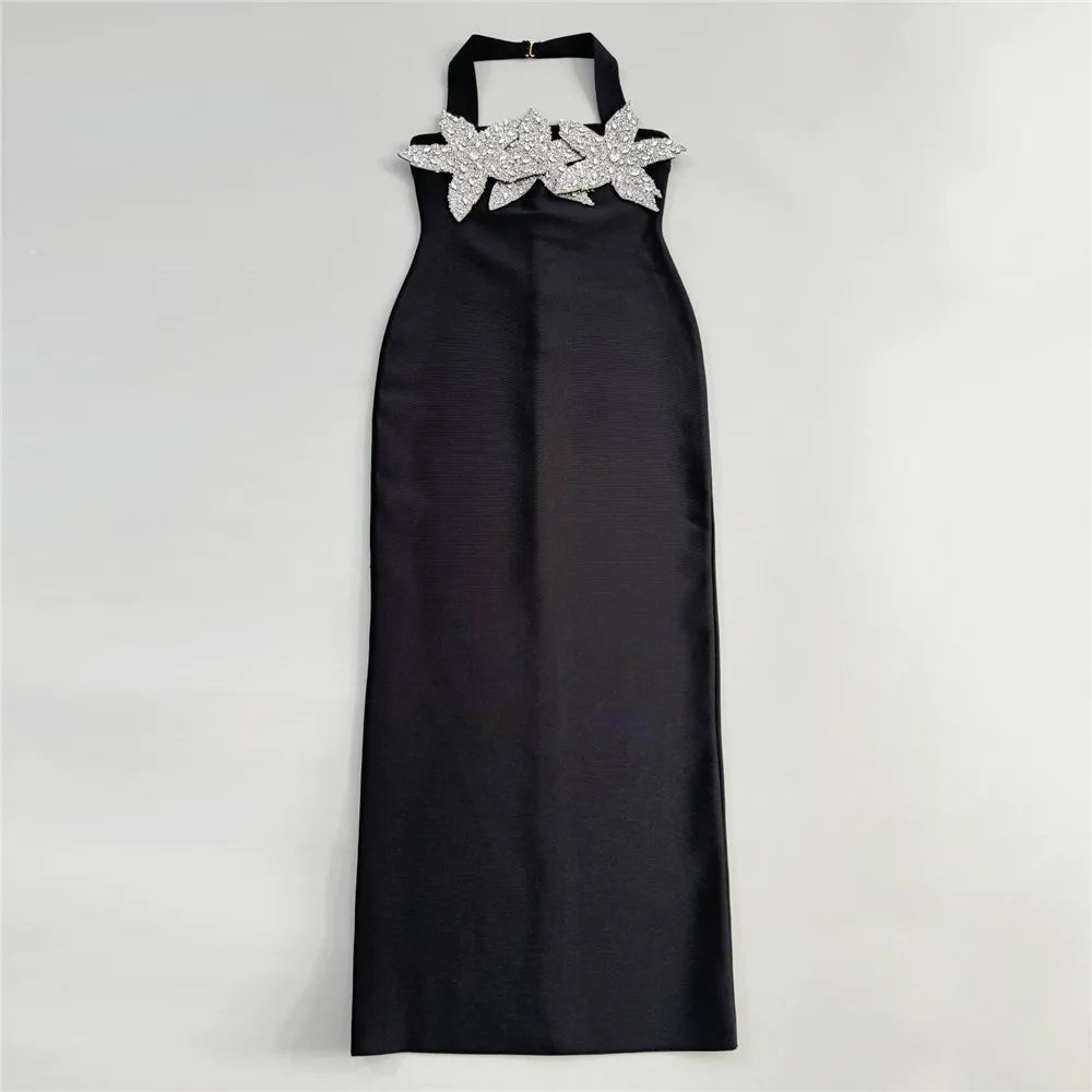 Black Red Women Sexy Halter Off the Shoulder Shinning Diamond Bodycon Long Bandage Dress Evening Party Celebrate Fashion Outfit