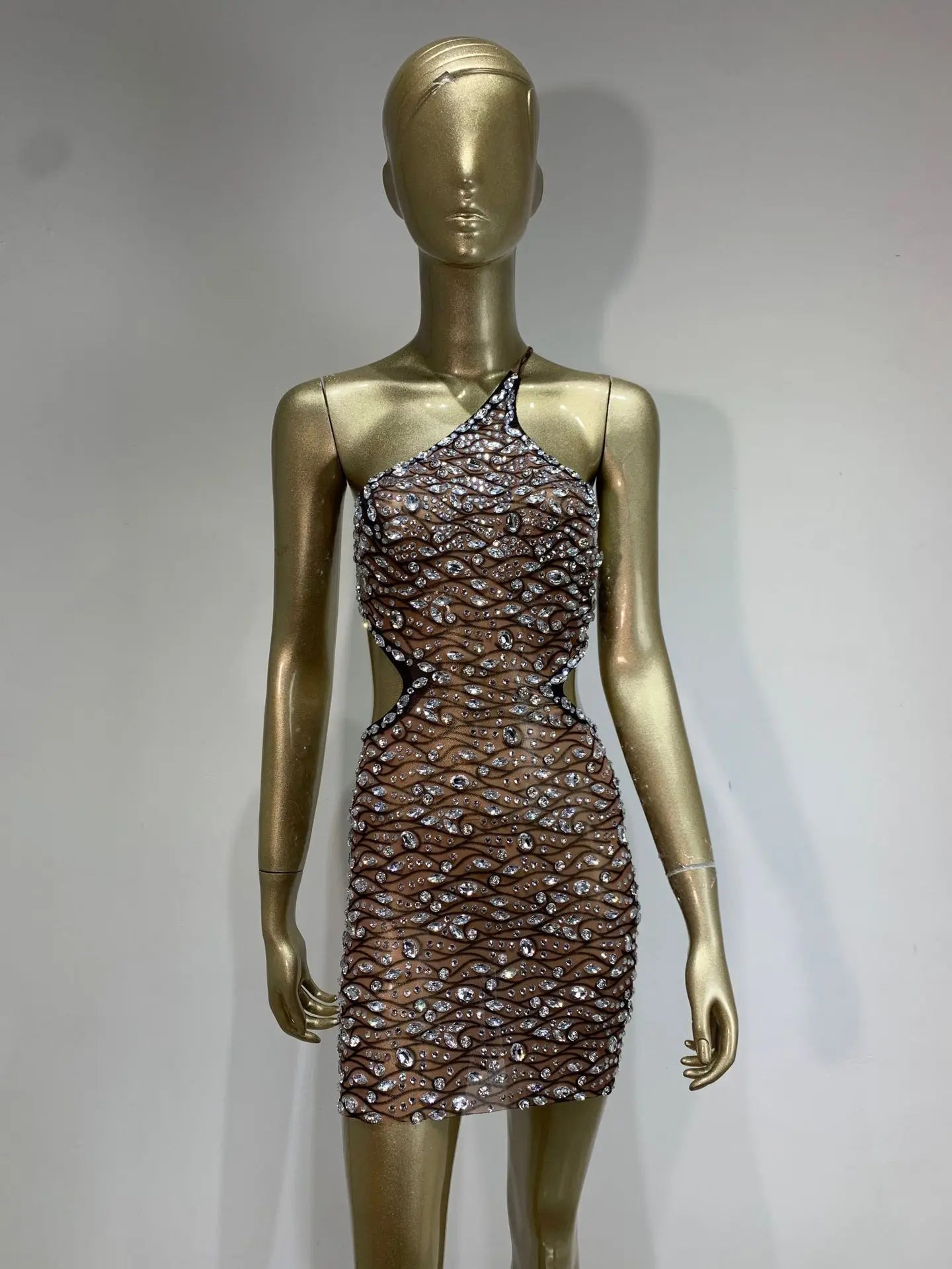 2025 Women Sexy One Shoulder Crystal Diamonds Cut Out Mini Dress Birthday Party Costume Bar Nightclub Stage Performance Outfit