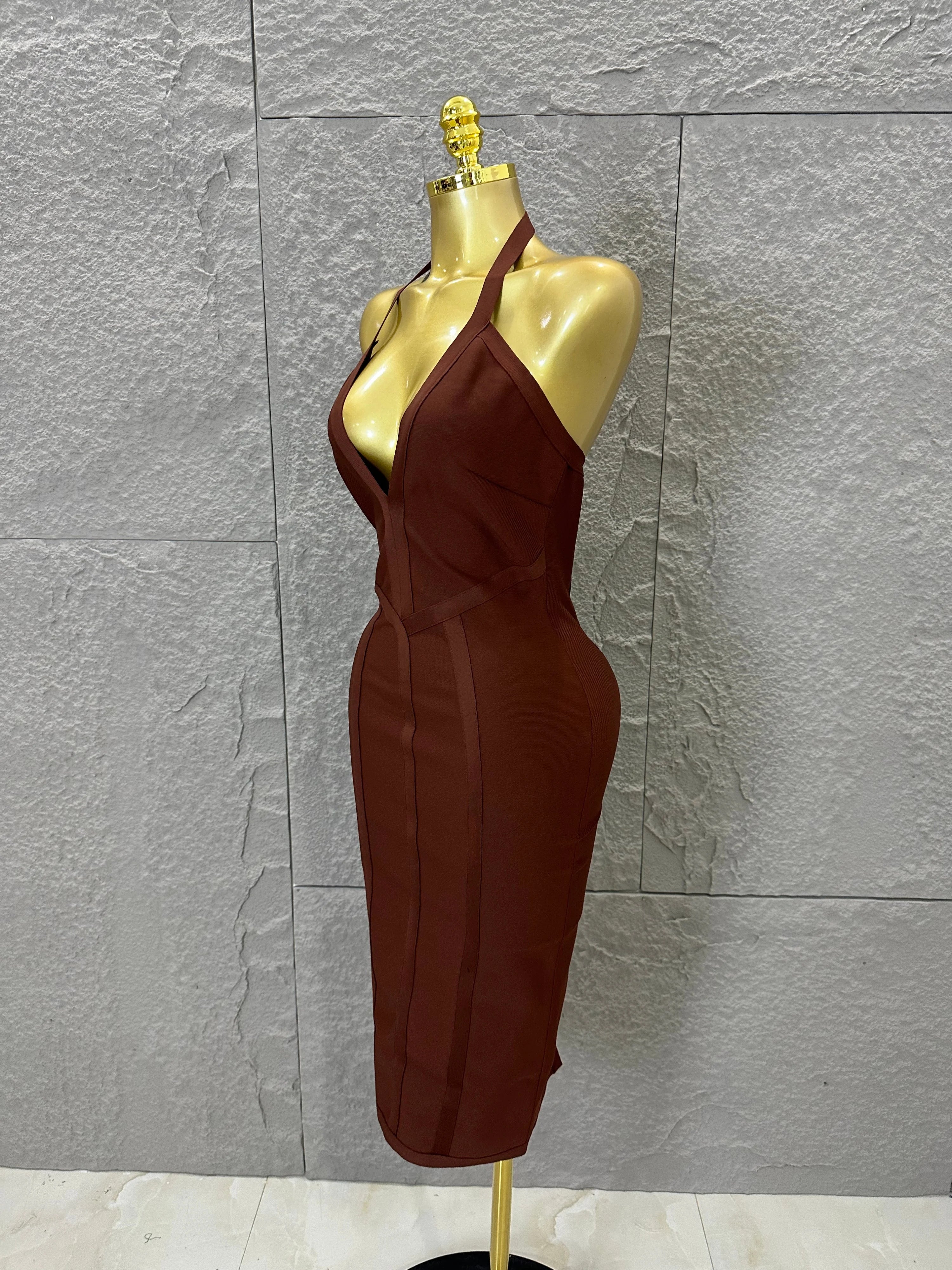 Elegant 2026 Brown Bandage Midi Dress Women Sexy Halter Neck Deep V Bodycon Evening Party Costume Cocktail Party Costume