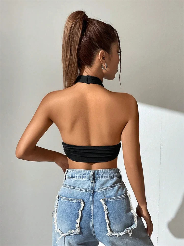 Sleeveless Backless Deep V-neck Halter Top Women Summer Club Party Sexy Solid Color Crop Tops Streetwear Y2K Clothes