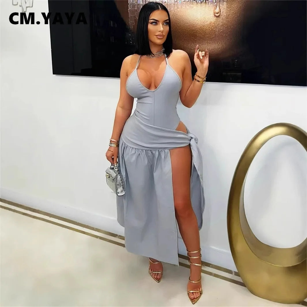 CM.YAYA Summer Women Halter Sleeveless V-Neck Tie Up High Side Split High Waist A-Line Dress Night Club Party Dresses Vestidos