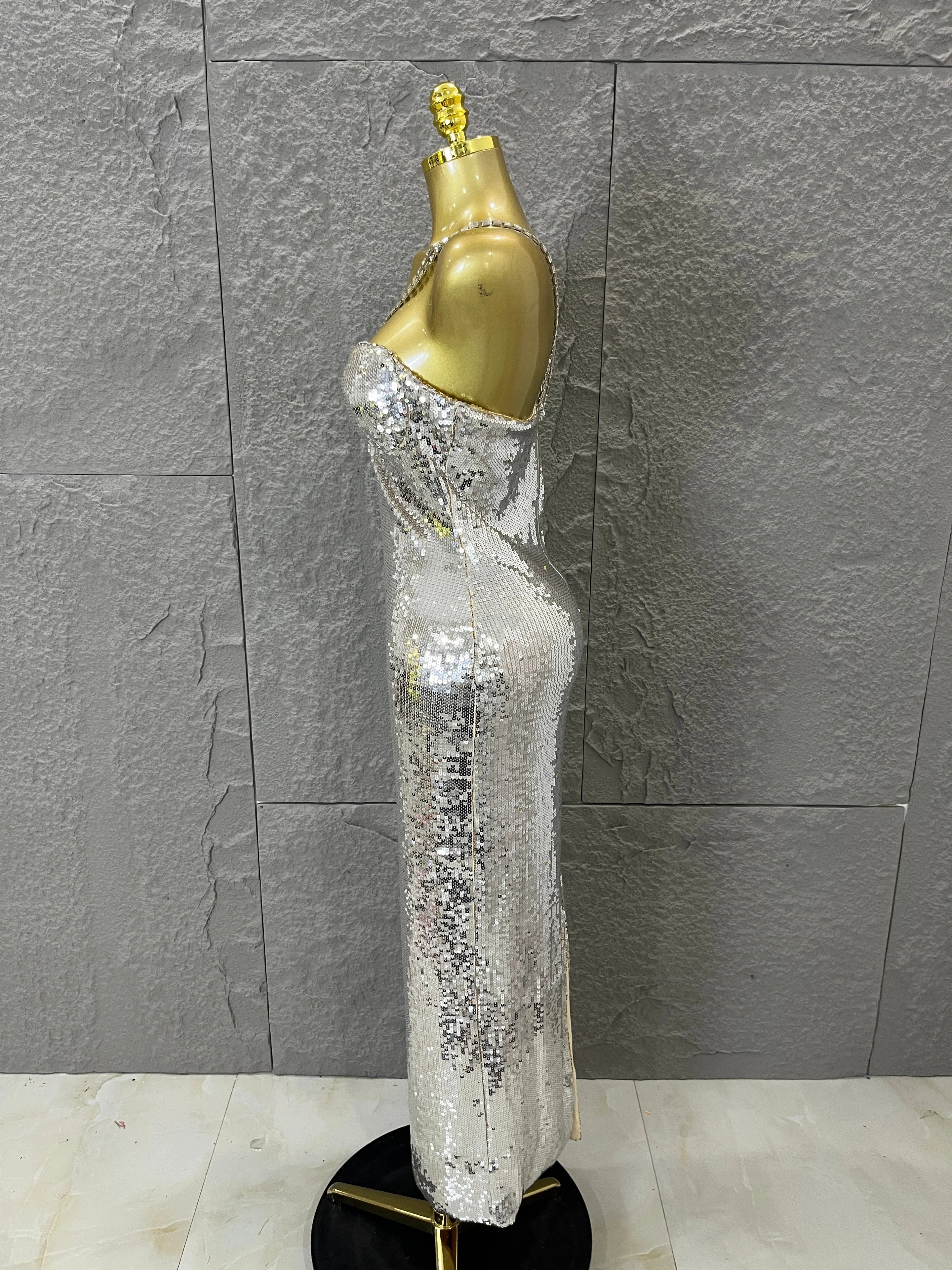Classic Gold Sequin Mermaid Dress Rhinestone Chain Shoulder Straps Sweetheart Neck Formal Evening Gala Photoshoot Cocktail Party
