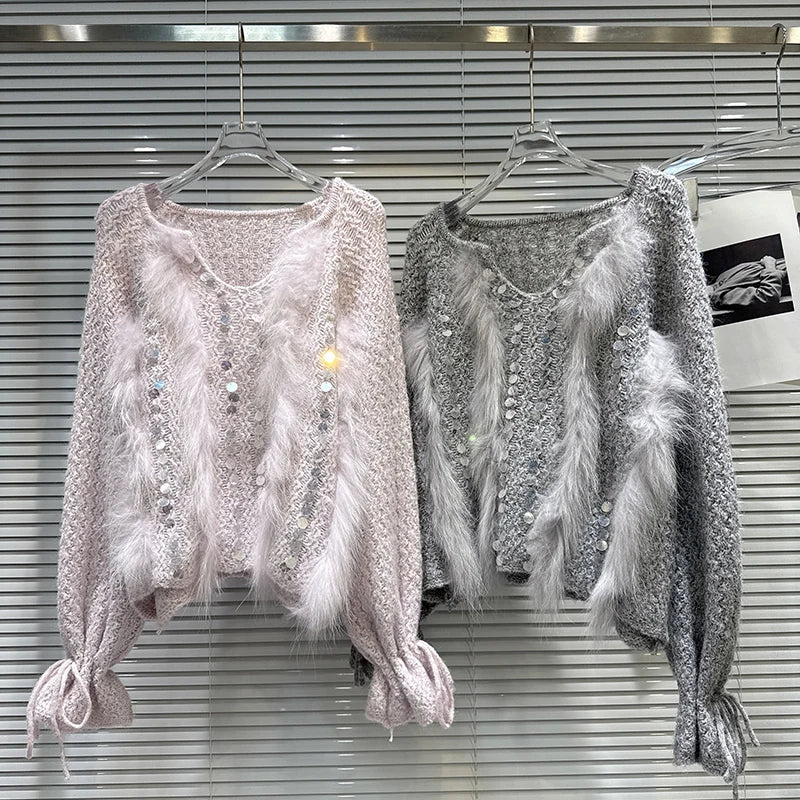 Winter New Fashion Beaded Embroidery Drawstring Sleeve Knitted Sweater For Women Loose Plush Spliced Tops 11A07605