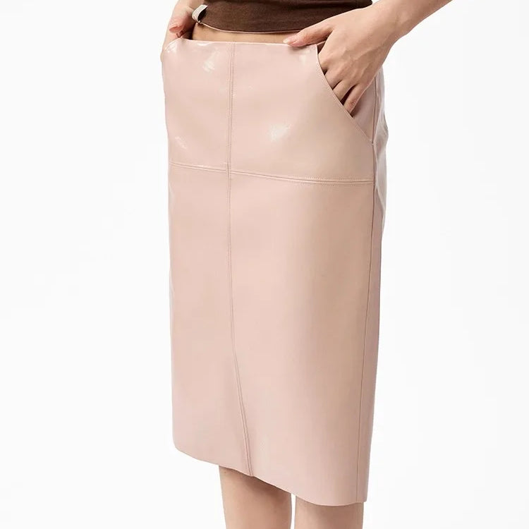 Lautaro Spring Autumn Shiny Reflective Brown Pu Leather Pencil Skirt Women with Back Slit High Waist Luxury Chic Clothes 2025