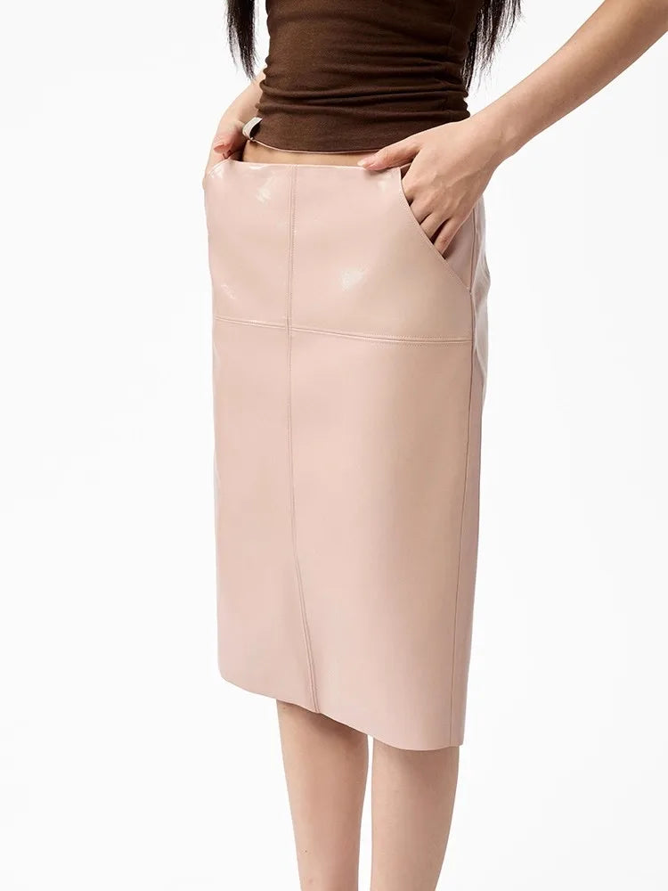 Lautaro Spring Autumn Shiny Reflective Brown Pu Leather Pencil Skirt Women with Back Slit High Waist Luxury Chic Clothes 2025