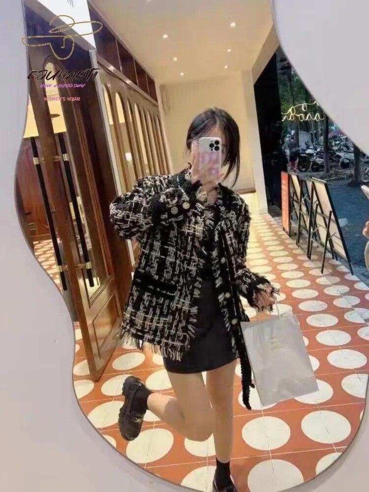 Women's Coat New French Style Small Fragrance 2024 Autumn Winter Retro Weave Tassels Temperament Tweed Tops Jacket