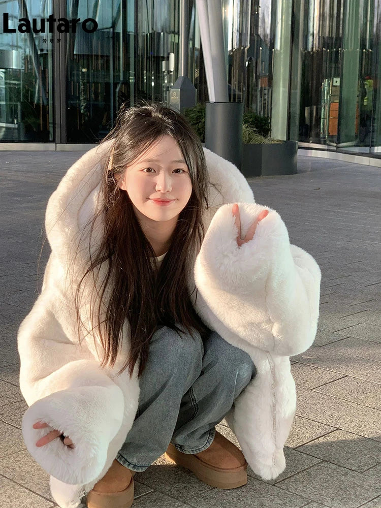 Lautaro Autumn Winter Thickened Warm White Reversible Faux Fur Coat Women with Fake Fur Inside Loose Luxury Cute Fluffy Jacket