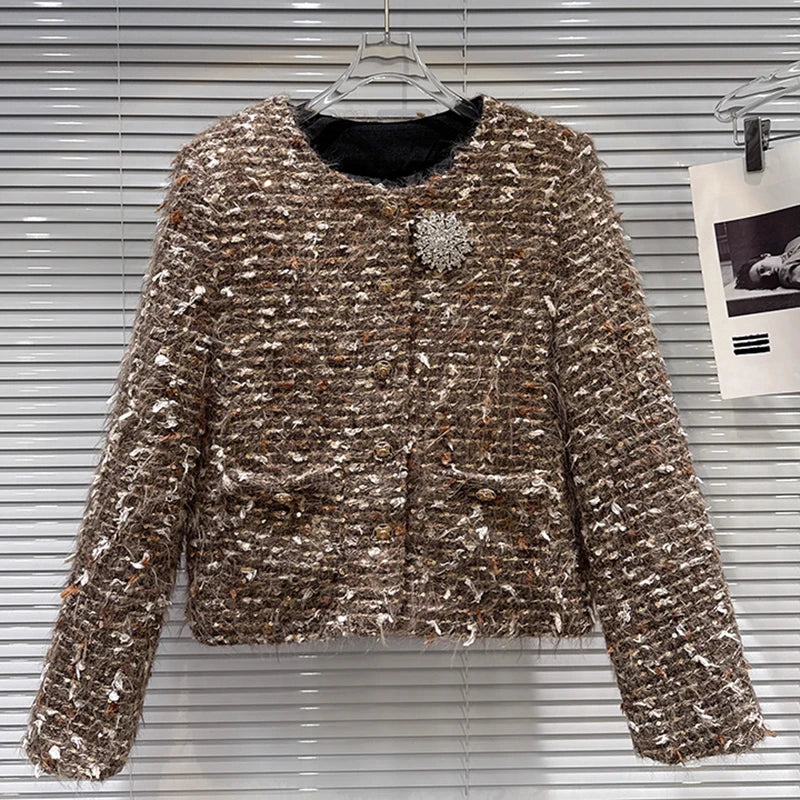Winter New Fashion Style Rhinestone Flower Pin Knitted Thick Tweed Cotton Inner Short Coat For Women Jacket 11A07835 as shown