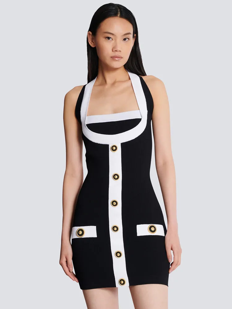 Women Celebrity Sexy Backless Halter Button Bodycon Black Mini Bandage Dress 2025 Elegant Evening Club Party Outfit black