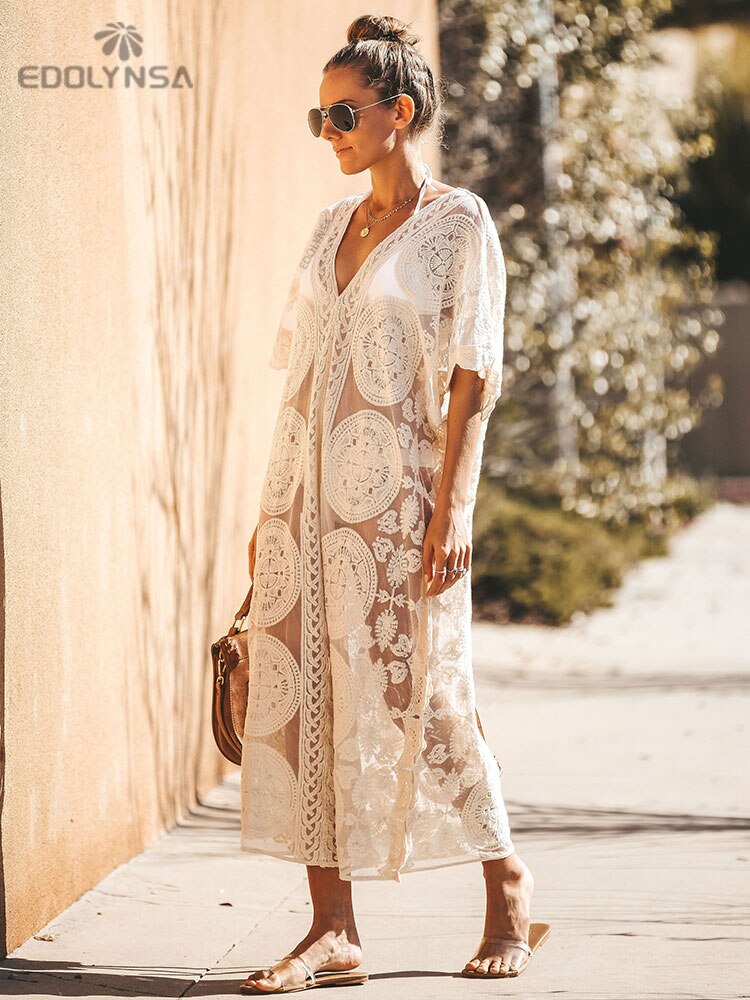 Sexy Kaftan Beach Pareo Beachwear Swim Suit Cover-ups Playa Pareo Beach Tunic See-through