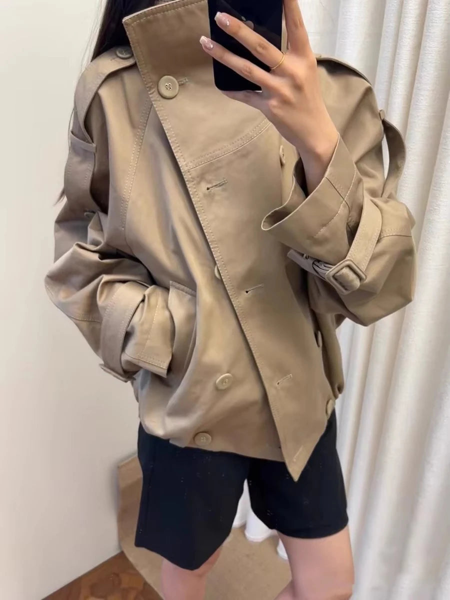 Lautaro Autumn Cool Short Oversized Khaki Jacket Coat Women Stand Collar Double Breasted Loose Casual Korean Fashion Clothes