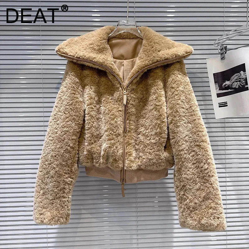 Winter New Casual Fashion Fur Loose Stand Collar Warm Short Coat For Women Zipper Fleece High Waist Jacket 11A07499