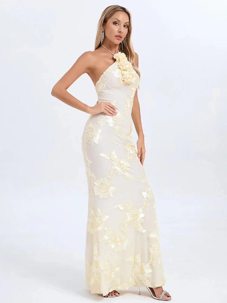 Sexy Halter Neck 3D Flowers Bodycon Long Dress Women Beige Sleeveless Lace-up Floor Length Evening Party Long Wedding Gowns