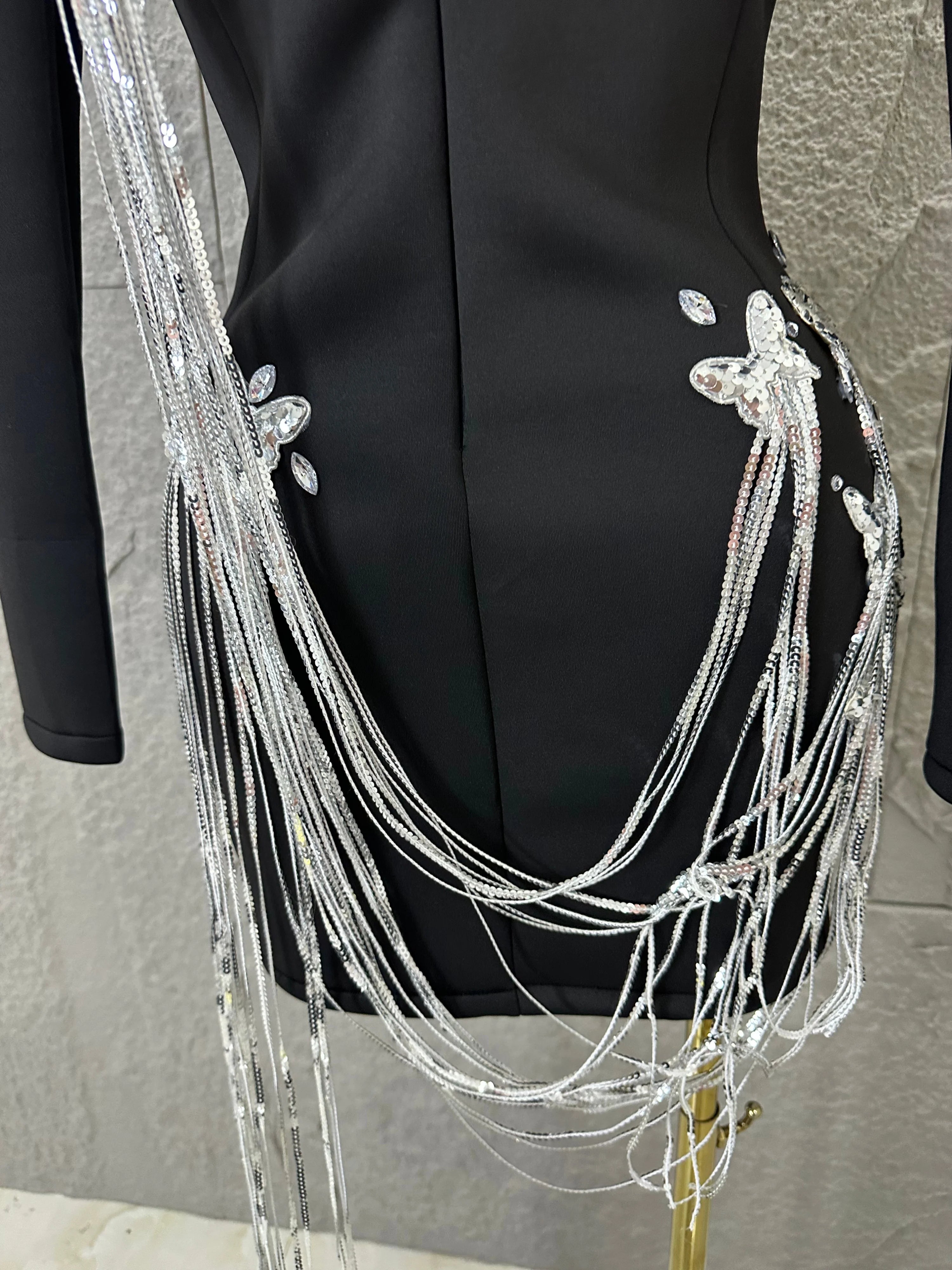 Luxury Black Blazer Mini Dress Deep V Neck Silver Crystal Beaded Butterfly Long Tassel Formal Evening Cocktail Gala Party Gown