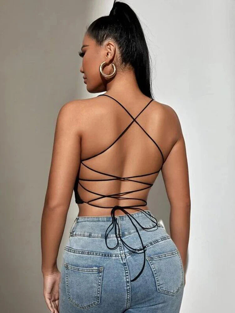 Summer New SXY Backless Lace Up Crop Cami Top black