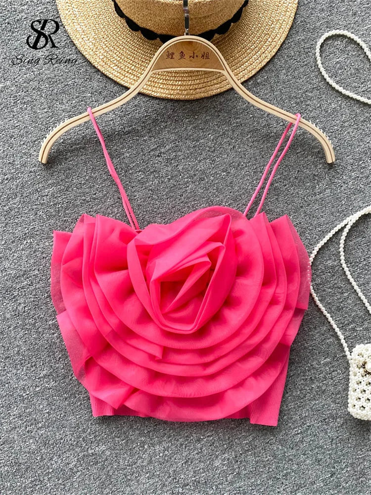 SINGREINY Female 3D Flowers Vacation Style Sexy Camis Summer Design Sheath Tops Women Solid Slim Short Streetwear Beach Camisole rose red One Size