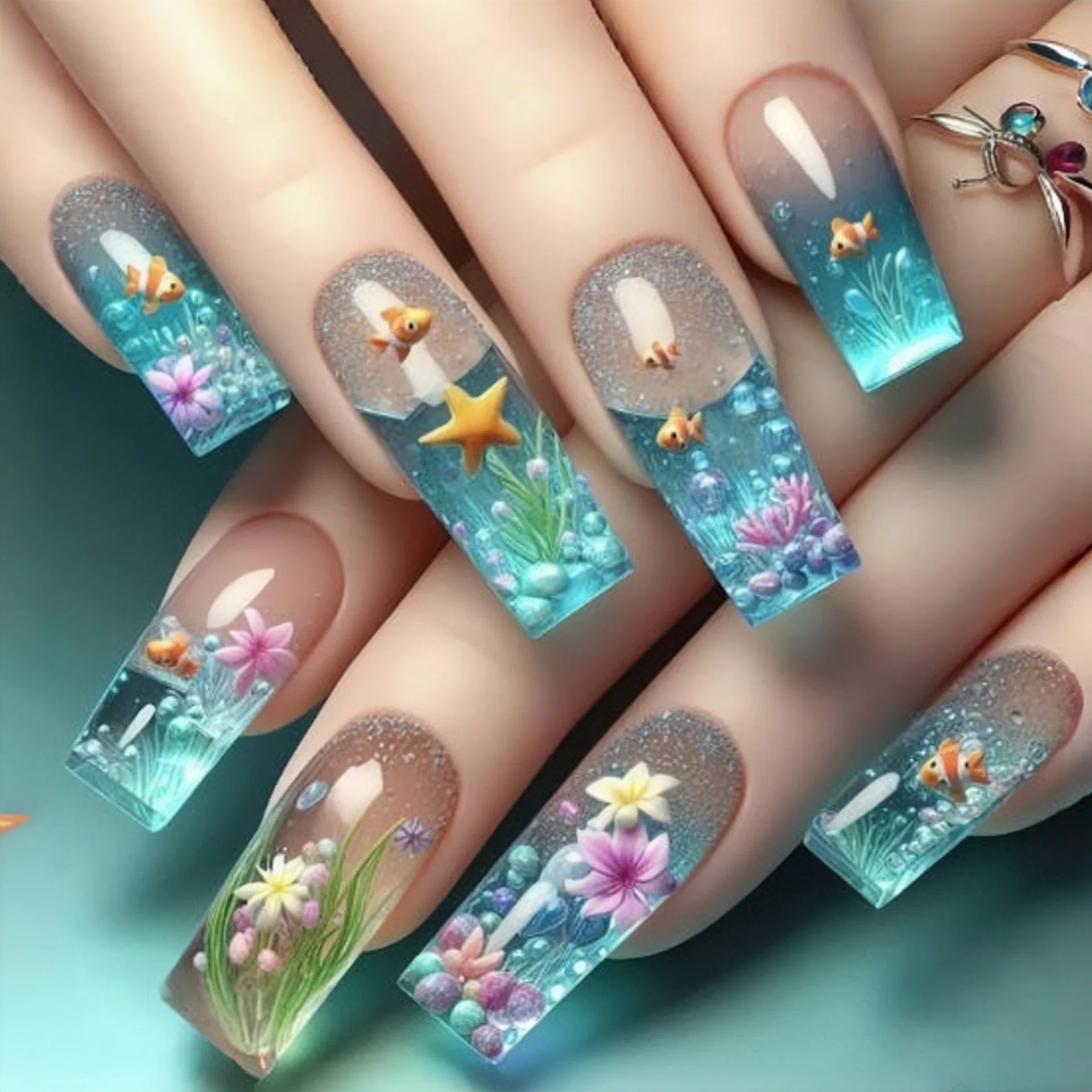 24pcs/set Medium long fake nails Gradient blue ocean fish sun flowers butterfly square ballet summer tips press on false nail 2364